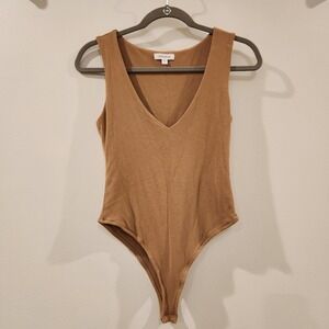 Mittoshop Ribbed V-Neck Sleeveless Bodysuit Brown Neutral Basic Womens Size S